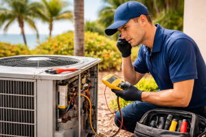 HVAC technician diagnosing air conditioner issue during AC repair service in Maui outdoor residential setting