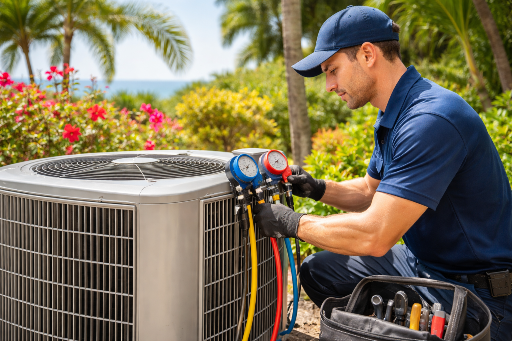 HVAC technician performing spring AC tune-up on outdoor air conditioning unit in tropical Maui home setting