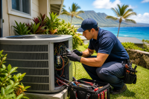 HVAC technician performing outdoor AC repair and maintenance in a Maui home to prevent breakdowns during hot season