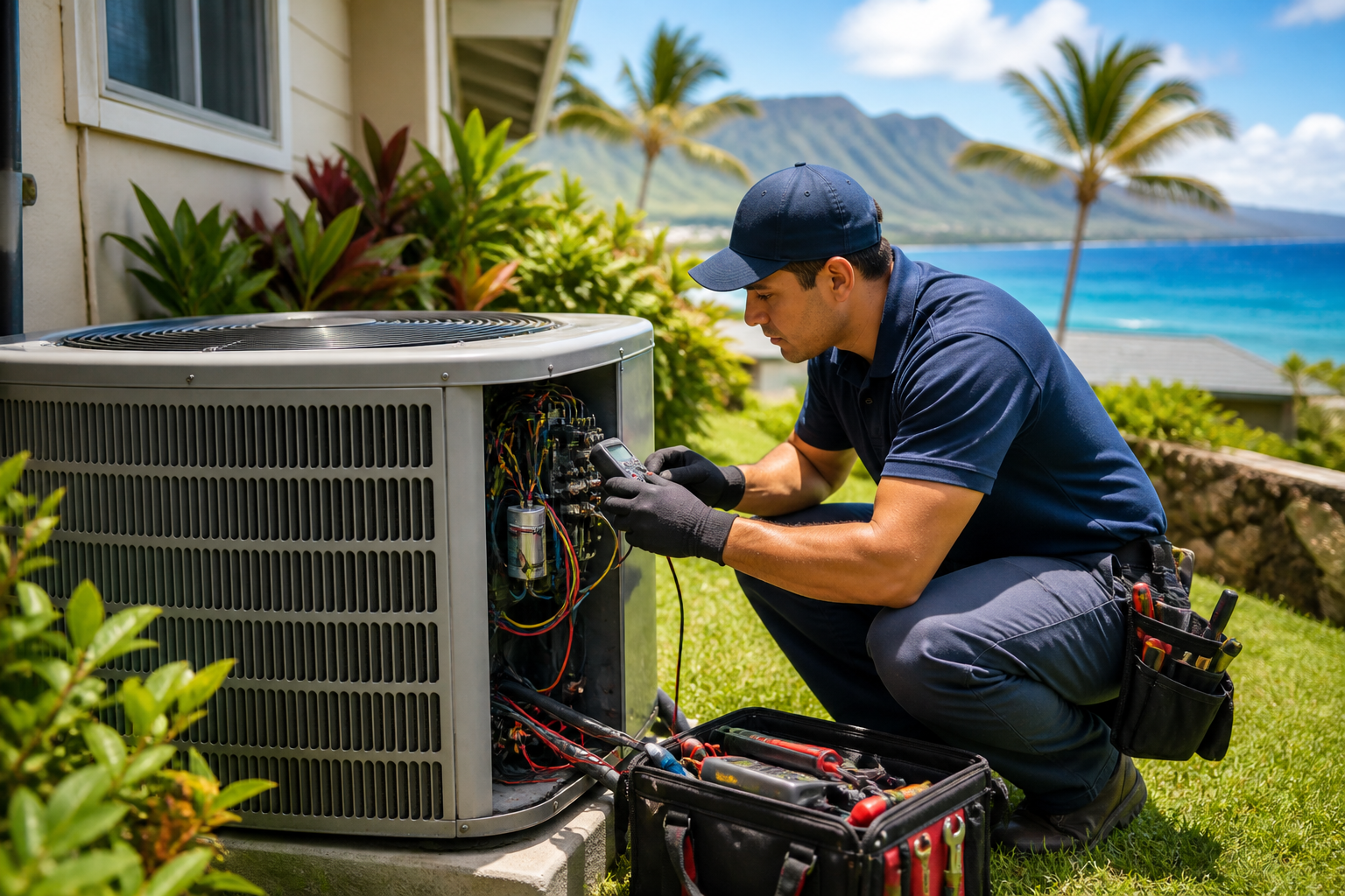 HVAC technician performing outdoor AC repair and maintenance in a Maui home to prevent breakdowns during hot season