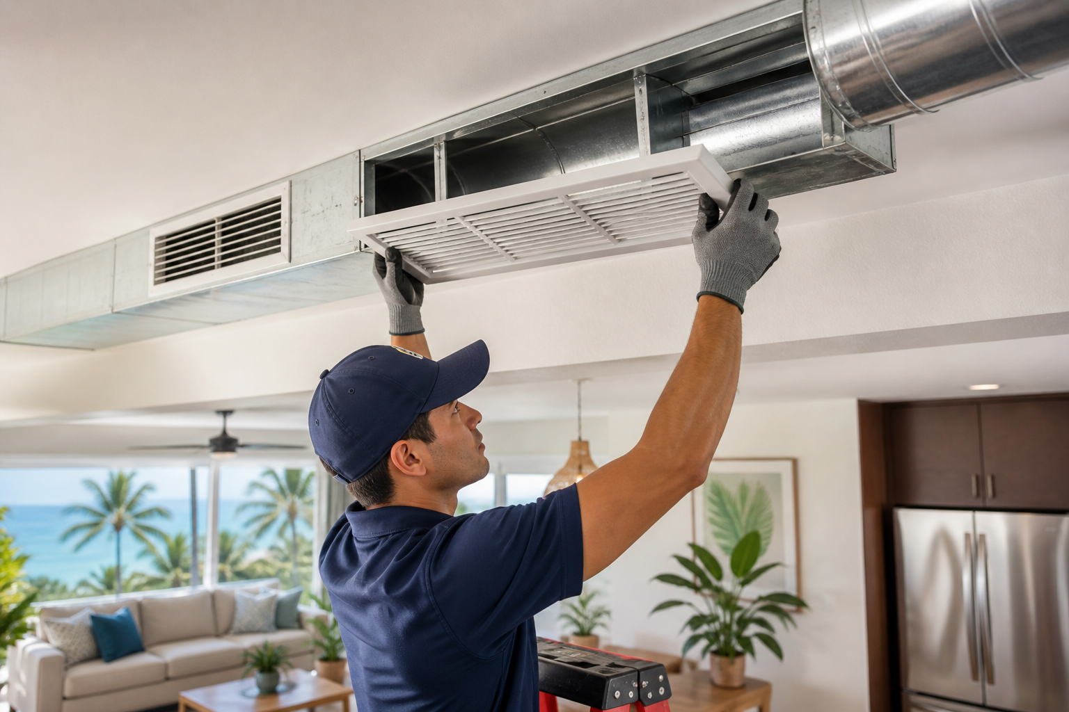 HVAC technician installing ceiling air vent and ductwork to improve airflow and system efficiency in a Maui home