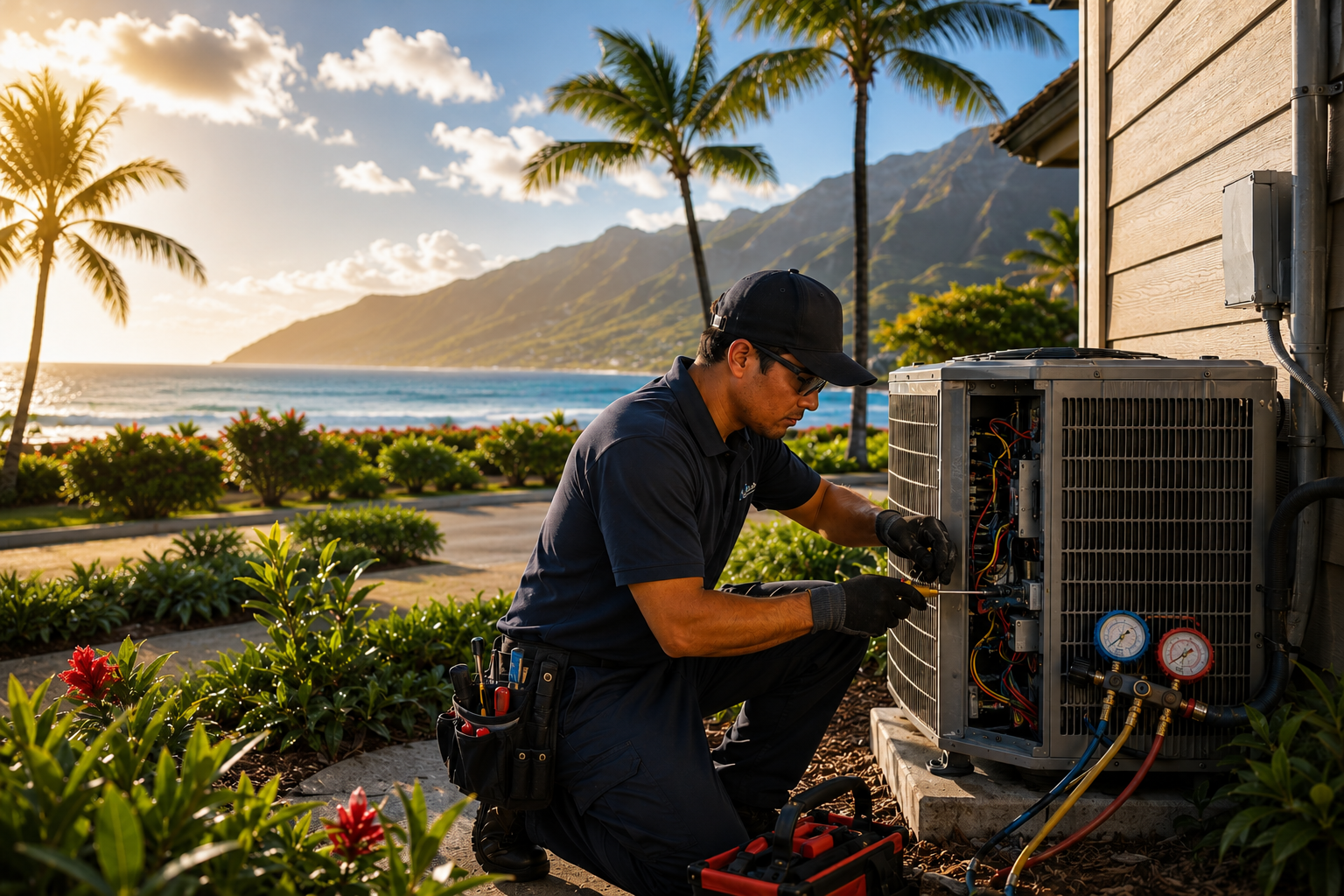 HVAC technician repairing an outdoor air conditioning unit near a tropical Maui home with ocean views and palm trees during early summer heat