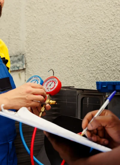 Two HVAC coworkers refilling air conditioner refrigerant during service call in Maui