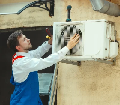 Certified HVAC technician performing repair and diagnostic service on an outdoor unit in Maui