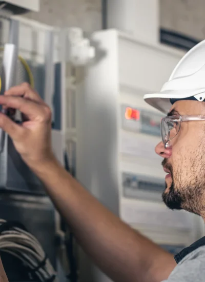 Electrician or HVAC technician working on an electrical switchboard or outlet installation for an HVAC system