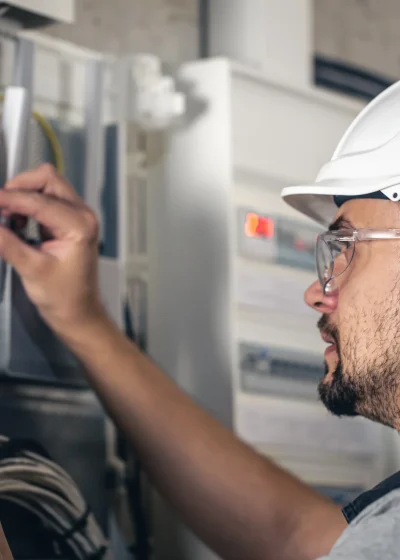 Electrician or HVAC technician working on an electrical switchboard or outlet installation for an HVAC system